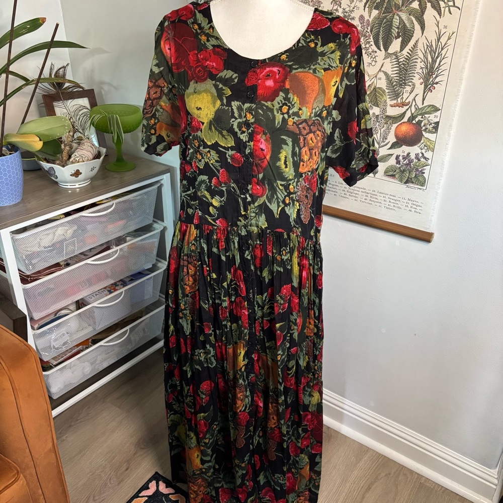 Vintage Fruit & Floral Black Dress S